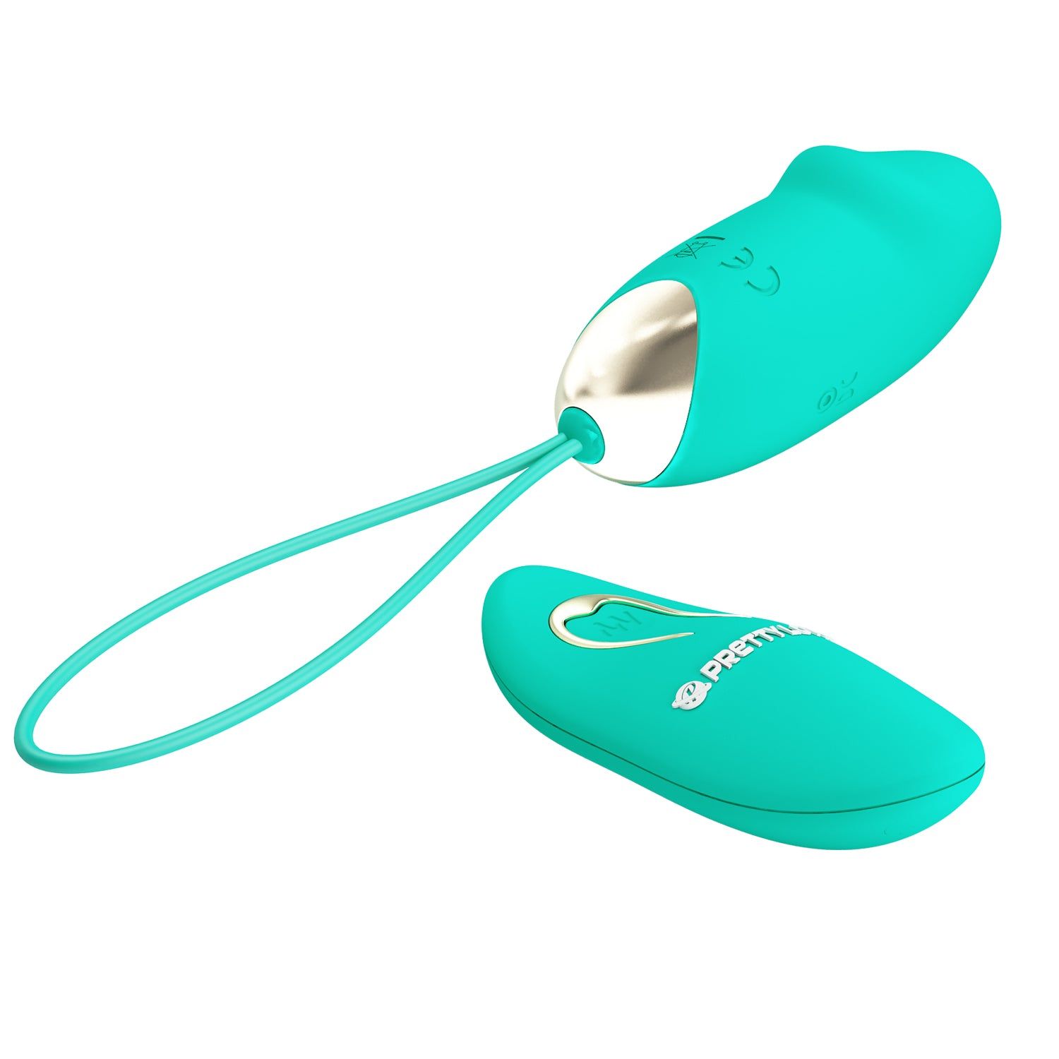 Vibratore turchese con estremità dorata e telecomando. Logo Pretty Love sul telecomando.
