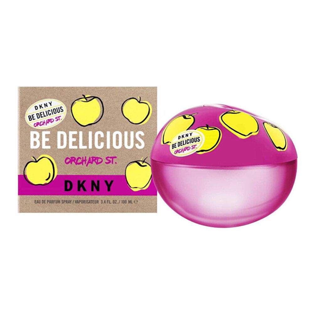 Flacone e confezione DKNY Be Delicious Orchard St. Eau de Parfum Spray 100 ml con mele.