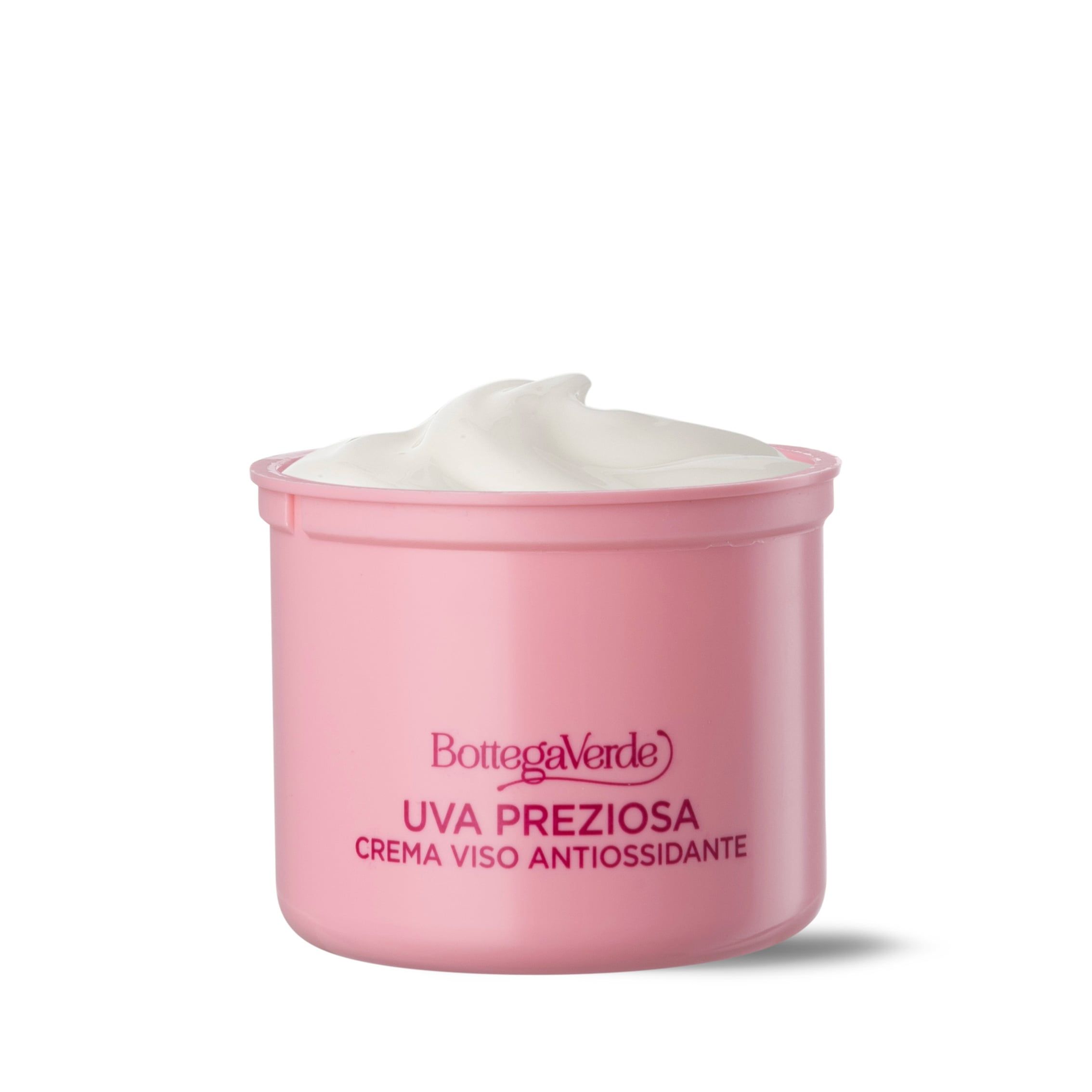 Vaso rosa con crema. Scritta: Bottega Verde, Uva Preziosa, Crema viso antiossidante.
