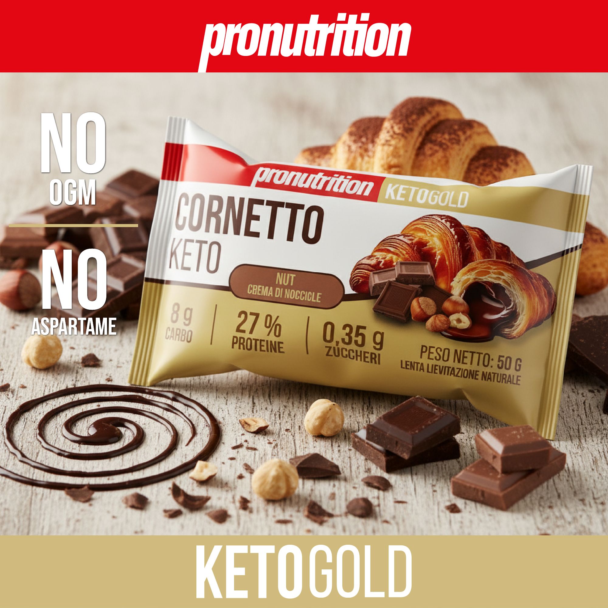 Confezione Cornetto Keto con ingredienti. Testo: NO OGM, NO ASPARTAME, KETOGOLD.