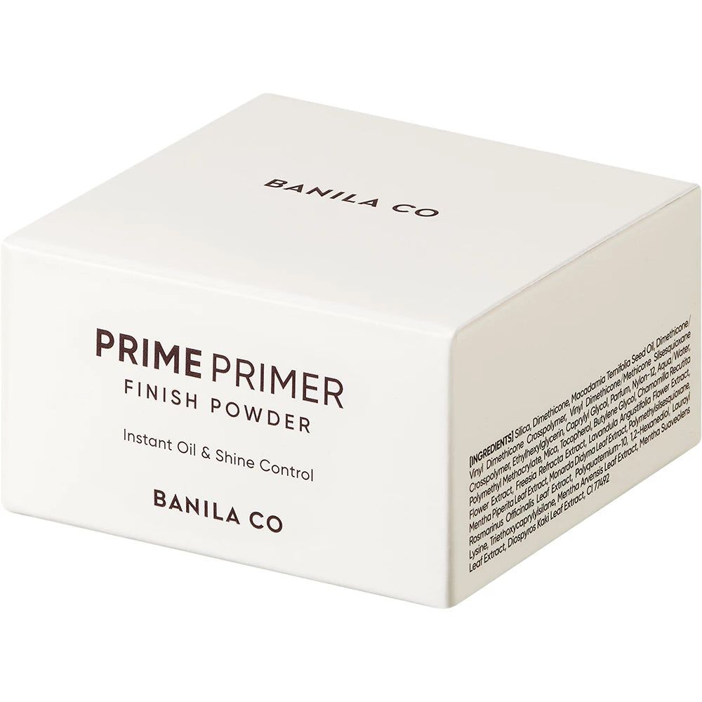 Confezione bianca con scritta: BANILA CO, PRIME PRIMER FINISH POWDER, Instant Oil & Shine Control. Elenco ingredienti.
