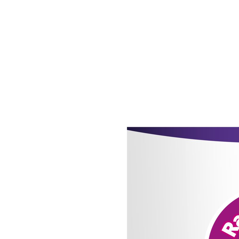 Sfondo bianco con una striscia viola in alto. È visibile una piccola parte di un prodotto.