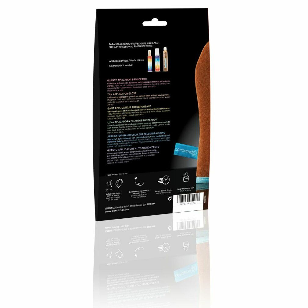 Confezione con informazioni sul prodotto. Scritte multilingue. Guanto applicatore abbronzante marrone. Etichetta blu.