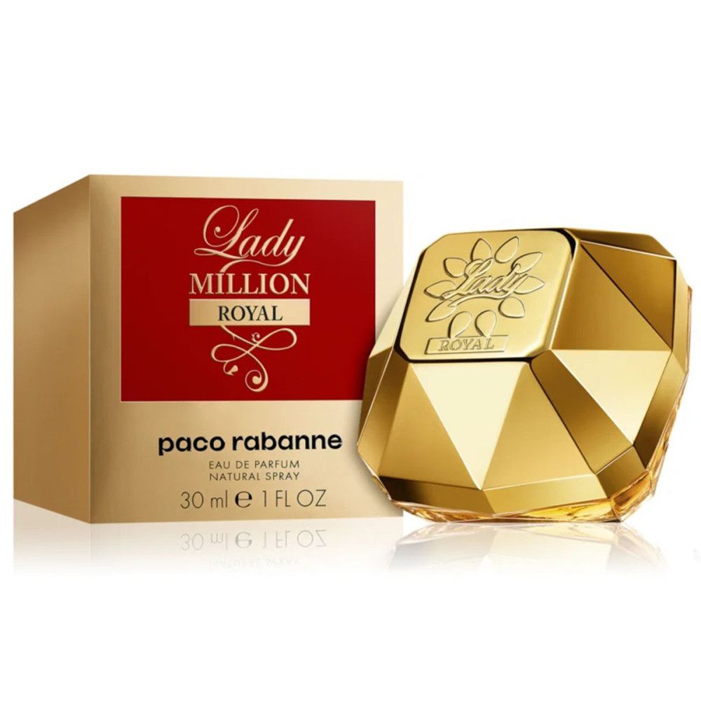 Flacone e confezione dorati. Scritta: Lady Million Royal, Paco Rabanne. 30 ml.