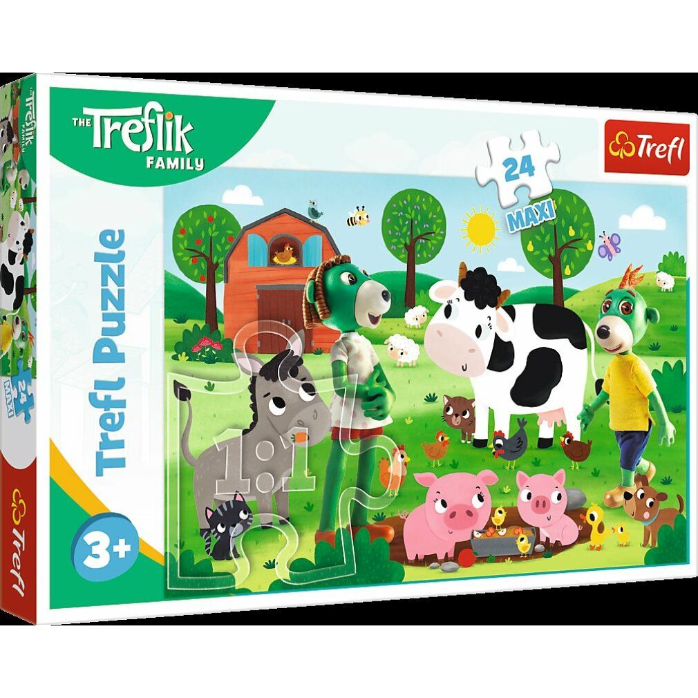 Puzzle Treflik Puzzle, 24 pezzi. La confezione mostra una scena della fattoria con personaggi. Logo Trefl e raccomandazione di età 3+.