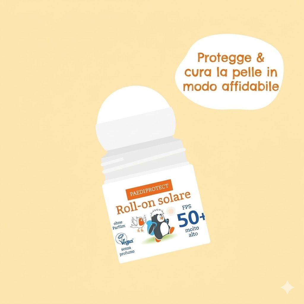 PAEDIPROTECT Roll-on solare LSF 50+. Testo: Protegge e cura la pelle in modo affidabile.