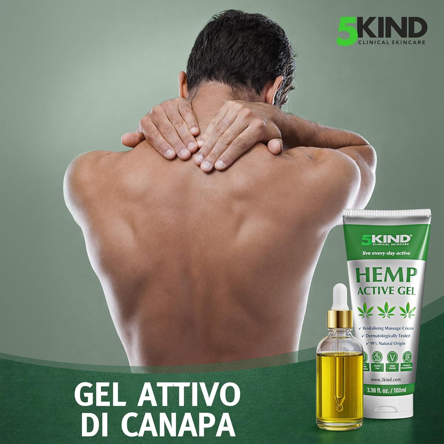 Uomo con problemi alla schiena. Gel al 5kind Hemp e flacone di olio. Testo: GEL ATTIVO DI CANAPA.