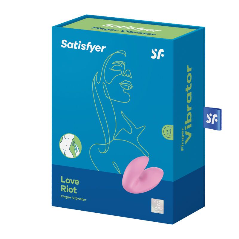 Confezione Satisfyer blu. Immagine del prodotto e scritta 'Love Riot Finger Vibrator'.