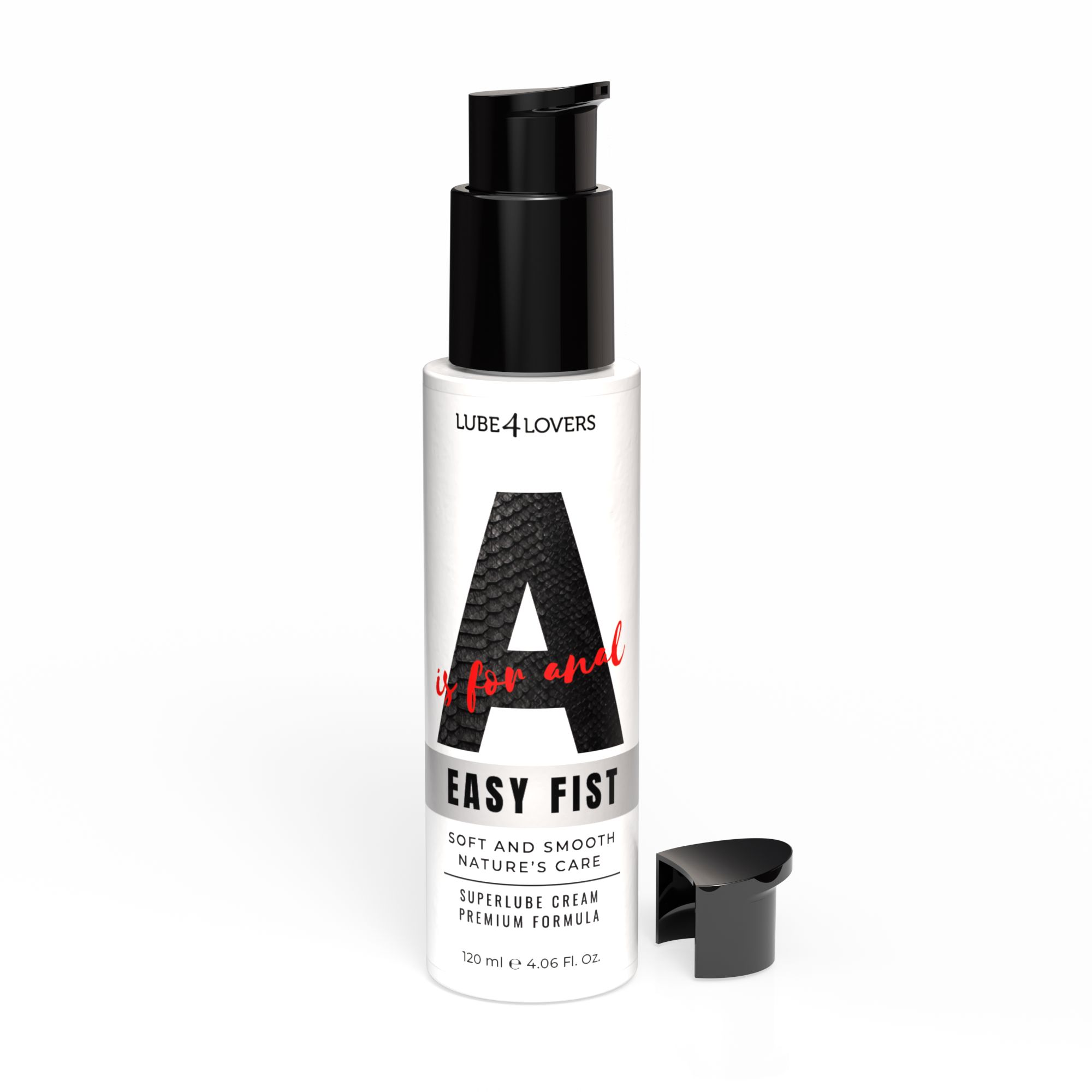 Flacone bianco con erogatore nero e tappo separato. Scritta "A is for Easy Fist".