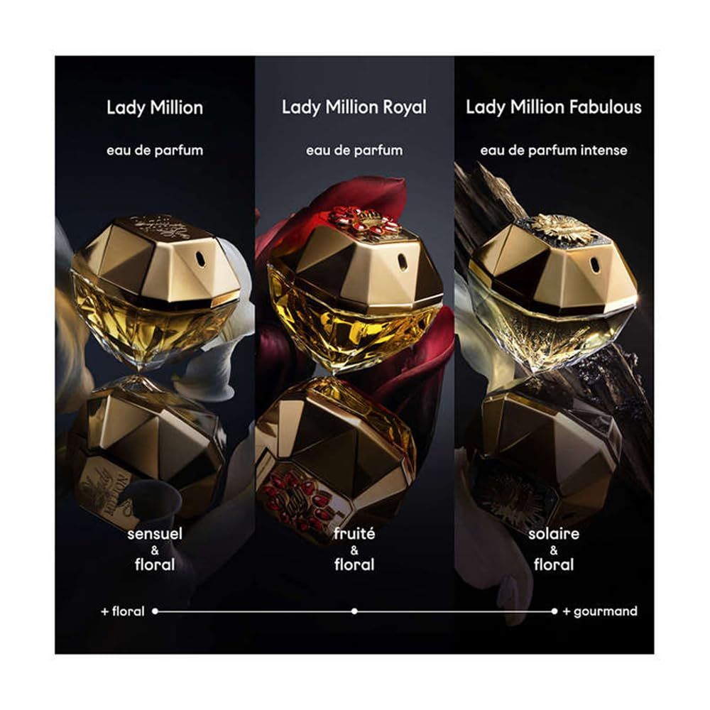 Tre flaconi di profumo, Lady Million, Lady Million Royal e Lady Million Fabulous. Flaconi dorati con decorazioni diverse.