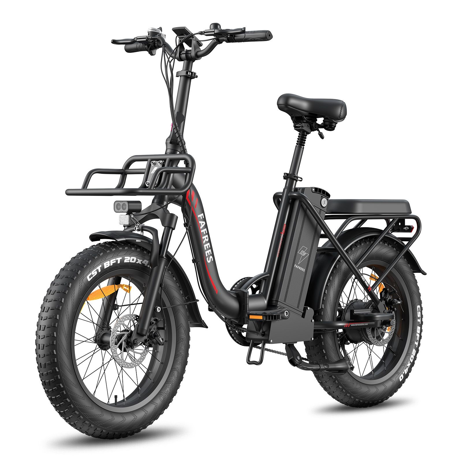 E-bike pieghevole nero con pneumatici larghi, portapacchi e cestino. Marchio FAFREES.
