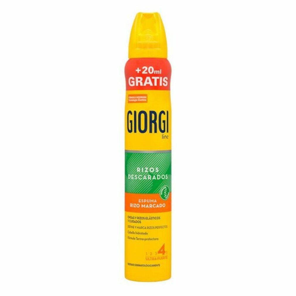Flacone spray giallo con scritte rosse e verdi. Testo: Giorgi, Rizos Descarados, Espuma Rizo Marcado. +20ml Gratis.