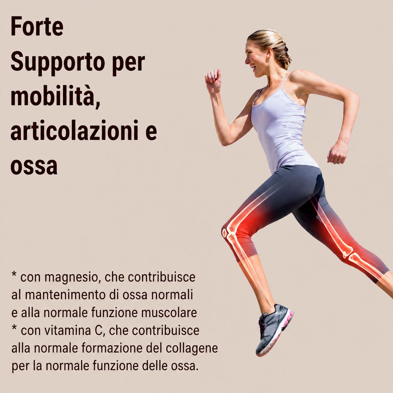 Una donna corre. Testo: Supporto per mobilità, articolazioni e ossa. Con magnesio e vitamina C.