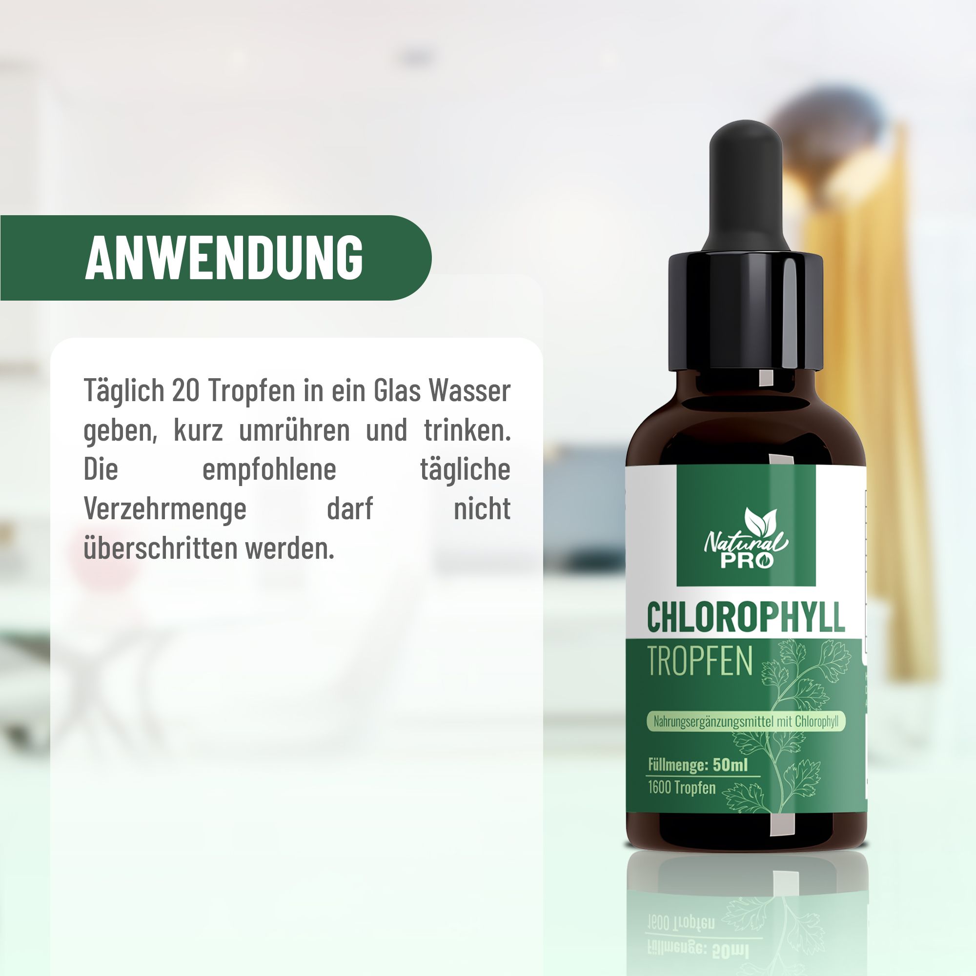 Flacone di vetro marrone con contagocce. Etichetta "Natural Pro | Chlorophyll Tropfen". Istruzioni per l'uso: 20 gocce in acqua.