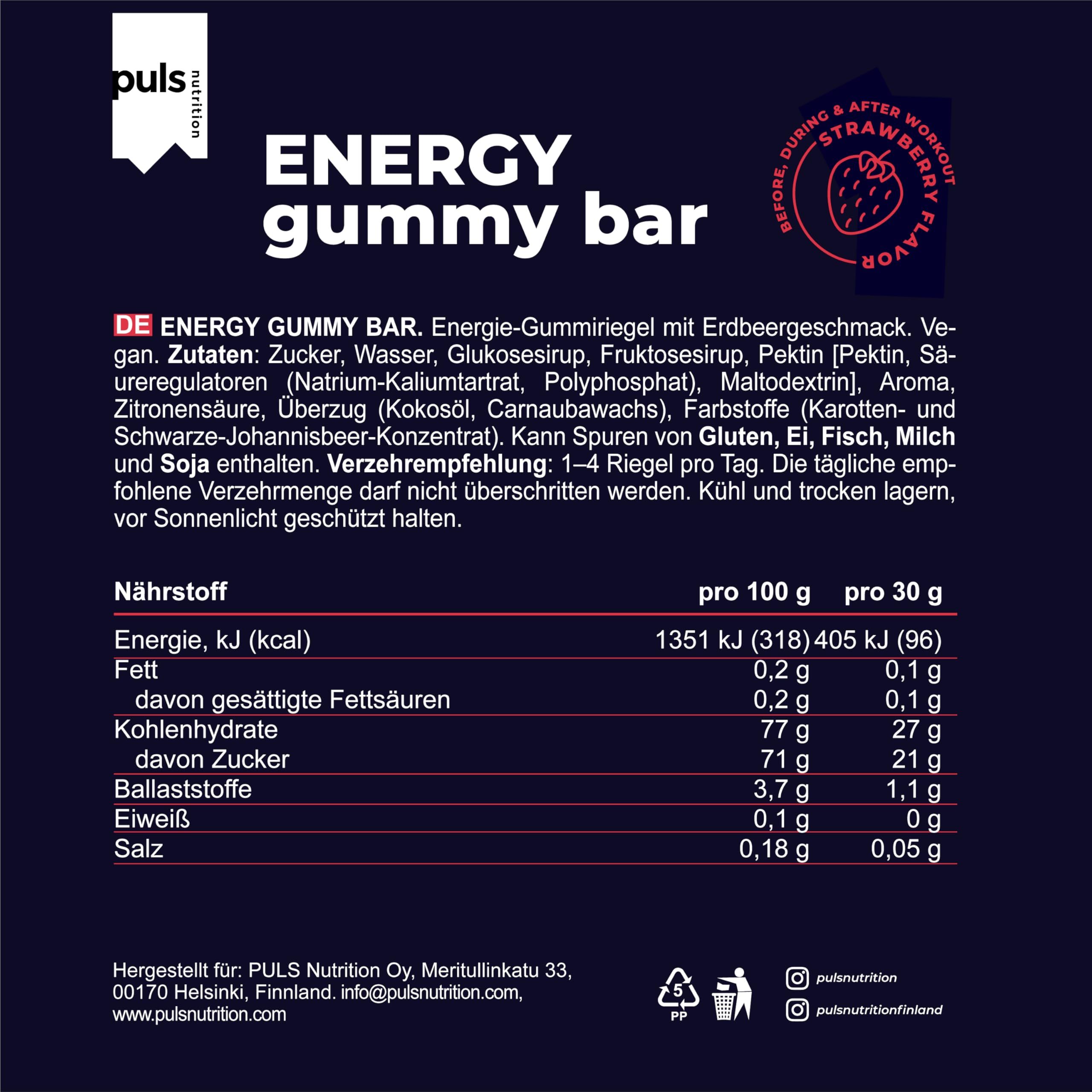 Confezione di una barretta Puls Nutrition Energy Gummy Bar con informazioni nutrizionali e ingredienti.