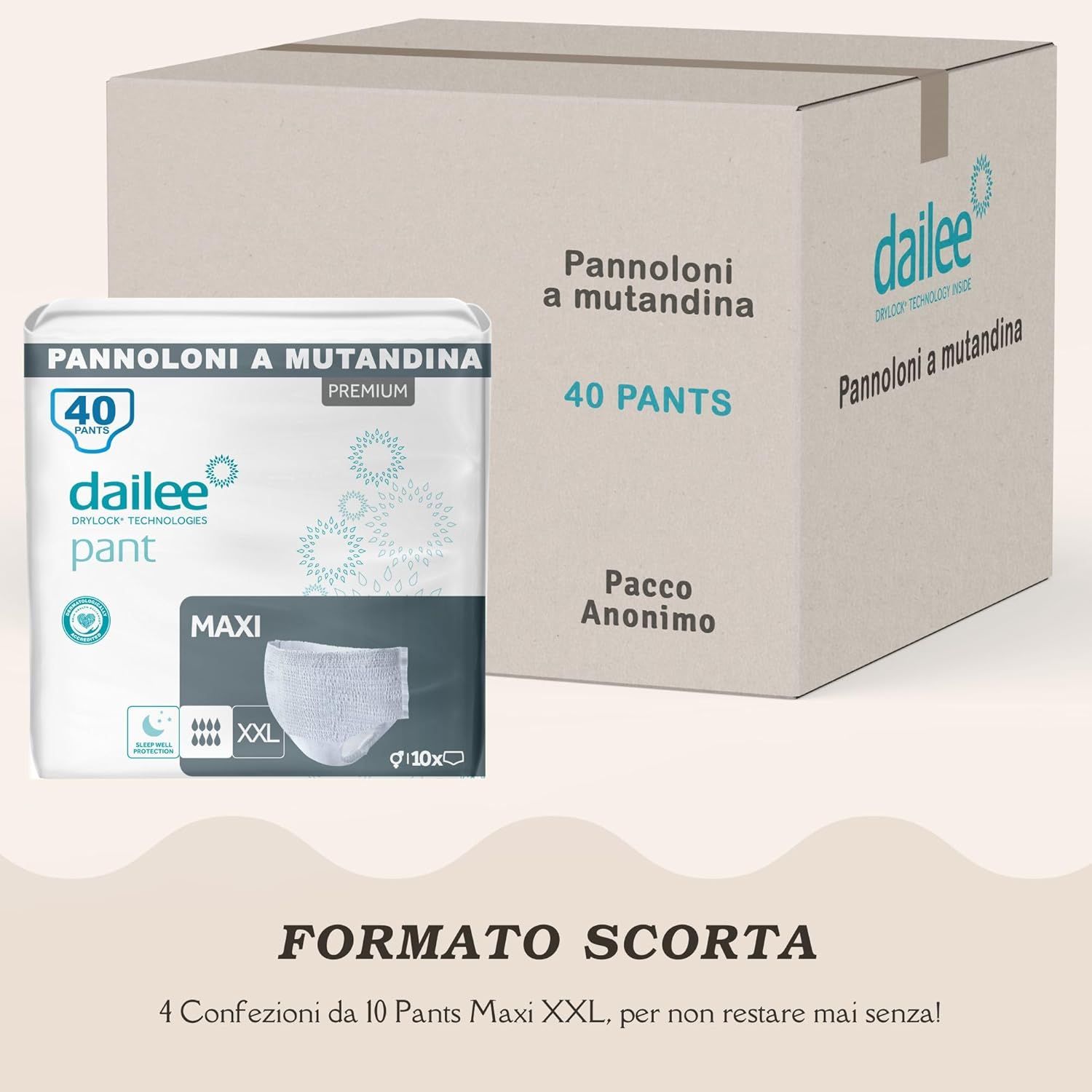 Confezione Dailee Pants Maxi XXL da 40 pannoloni e scatola.