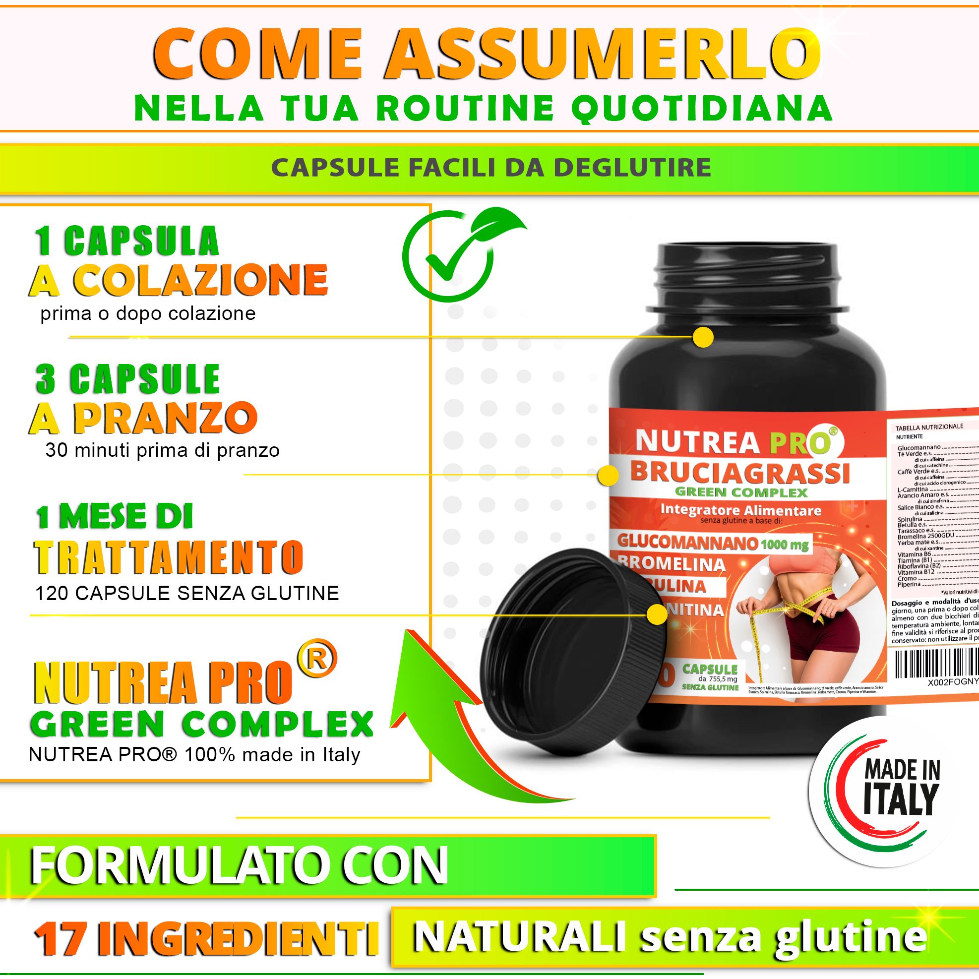 Uso Nutrea Pro Bruciagrassi: 1 capsula a colazione, 3 capsule a pranzo.