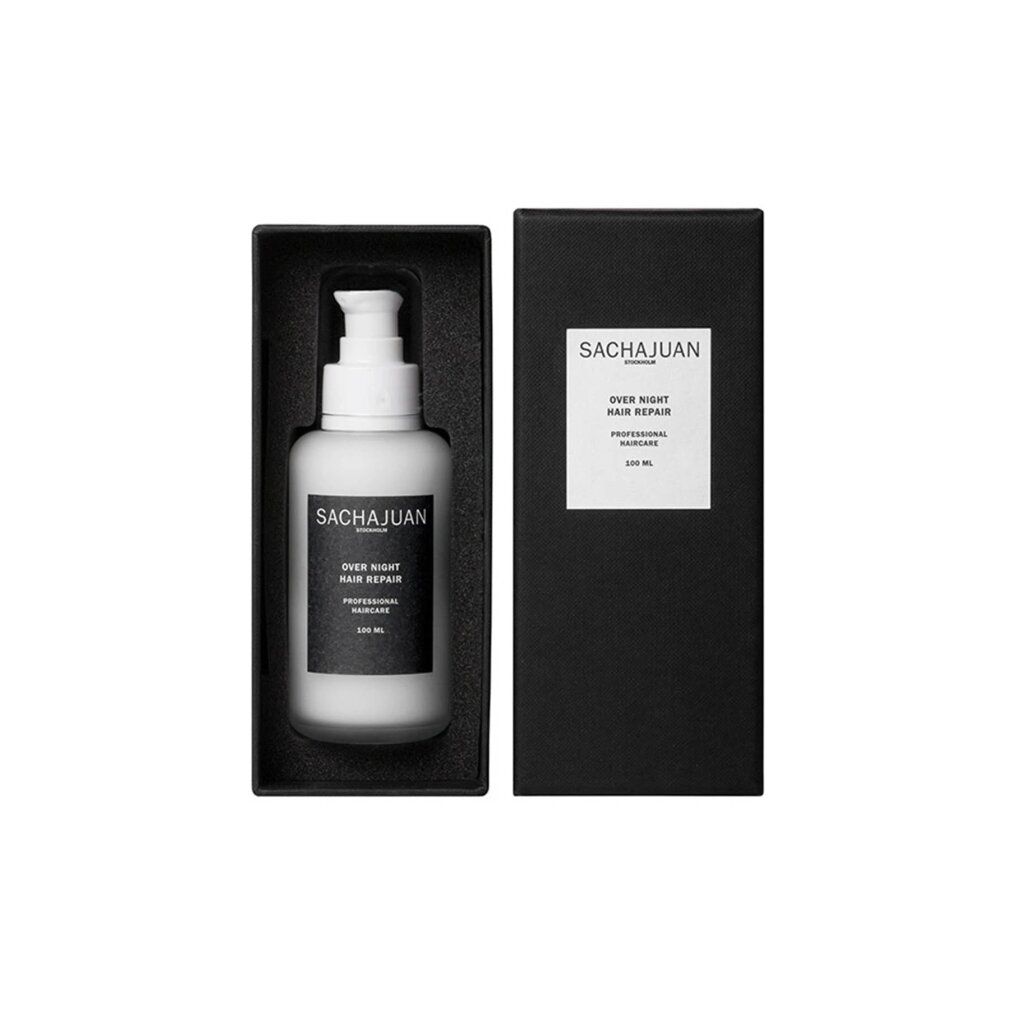 Scatola nera con flacone bianco. Scritta: SACHAJUAN, OVER NIGHT HAIR REPAIR, PROFESSIONAL HAIRCARE. Con erogatore a pompa.