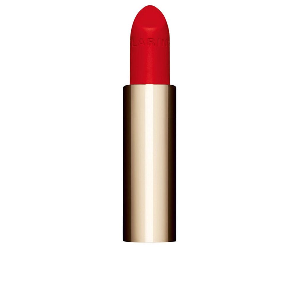 Rossetto rosso in astuccio dorato. Marchio Clarins visibile.