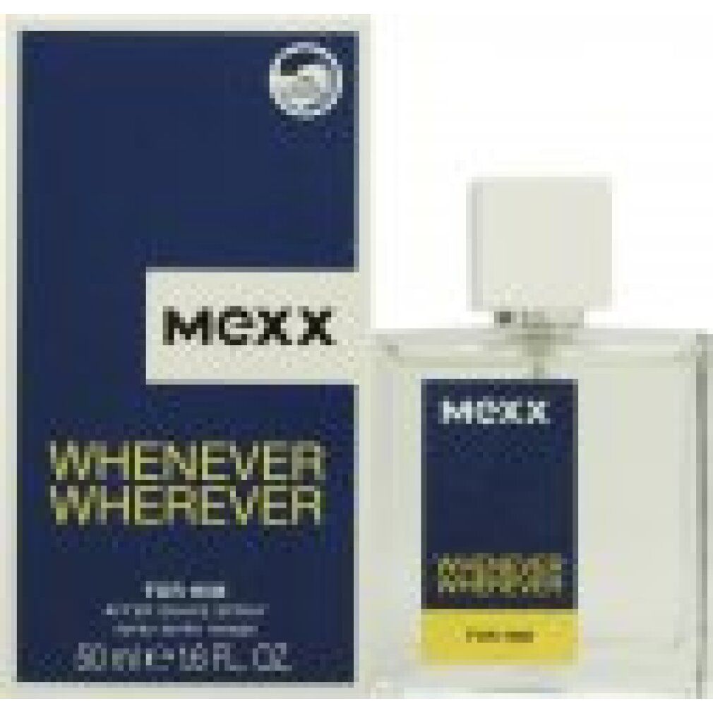 Flacone e confezione. Flacone con tappo bianco. Confezione con testo blu: MEXX, WHENEVER WHEREVER, 50 ml.