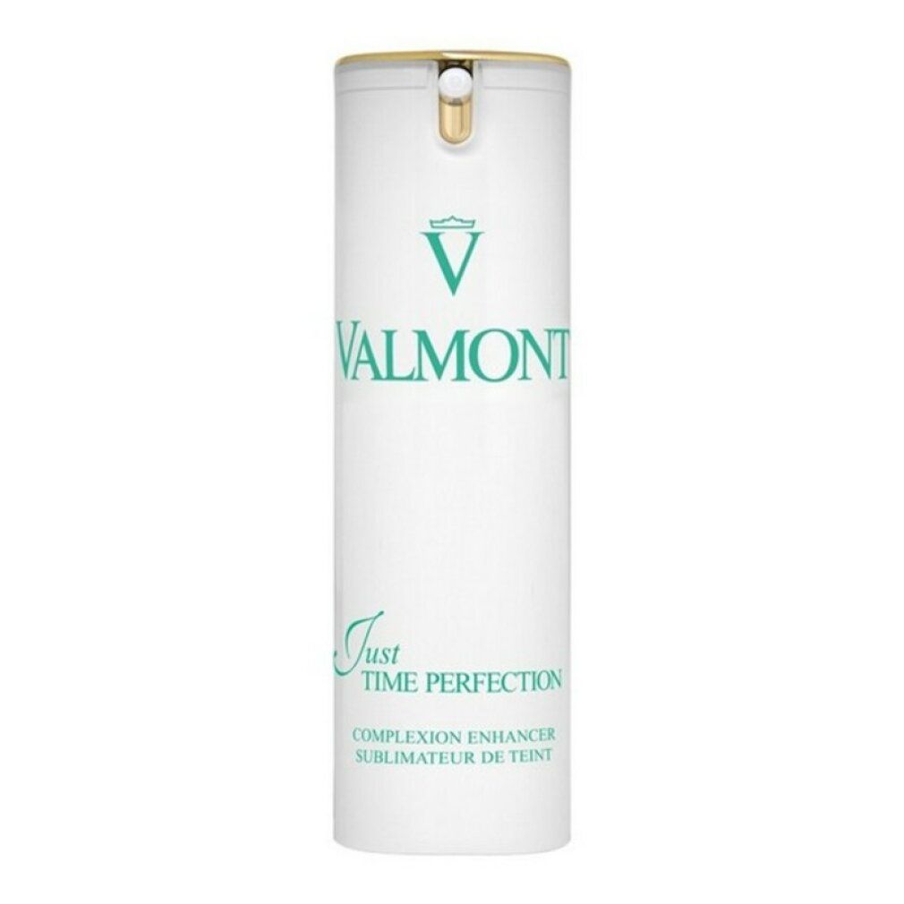 Cilindro bianco con chiusura dorata. Scritta verde: VALMONT, Just Time Perfection, SPF 50.