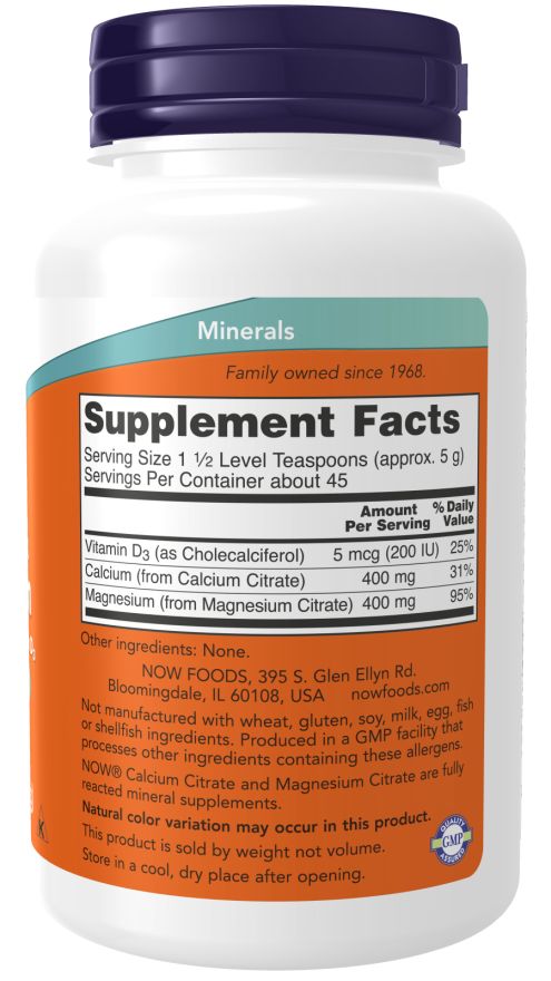 Retro del flacone. Contiene informazioni nutrizionali. NOW FOODS, 395 S. Glen Ellyn Rd. Bloomington, IL 60108, USA.