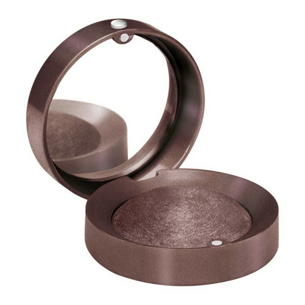 Contenitore rotondo marrone per ombretto con specchio. Aperto, ombretto visibile. Chiusura magnetica.
