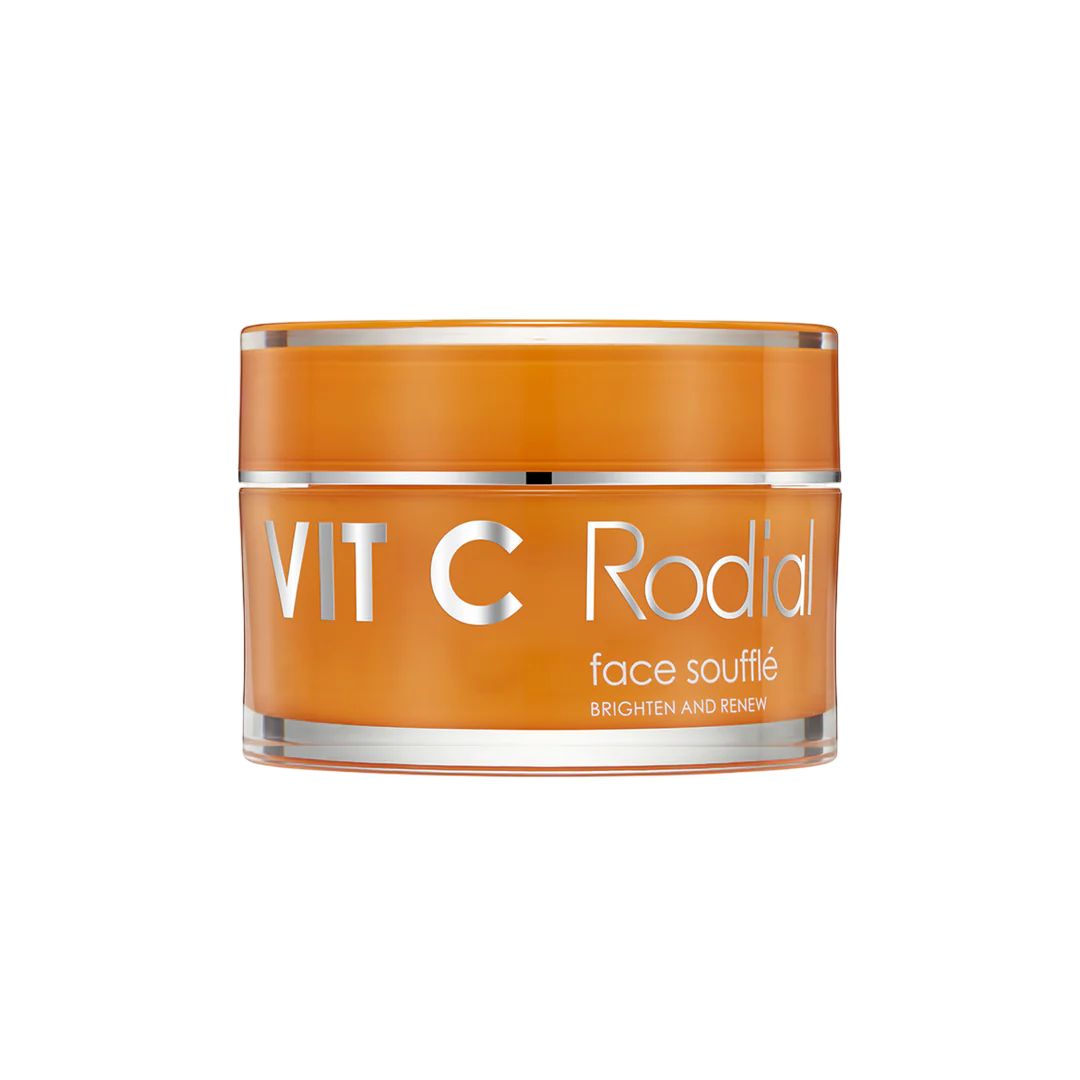 Vasetto arancione con coperchio argentato. Scritta: VIT C Rodial face soufflé BRIGHTEN AND RENEW.