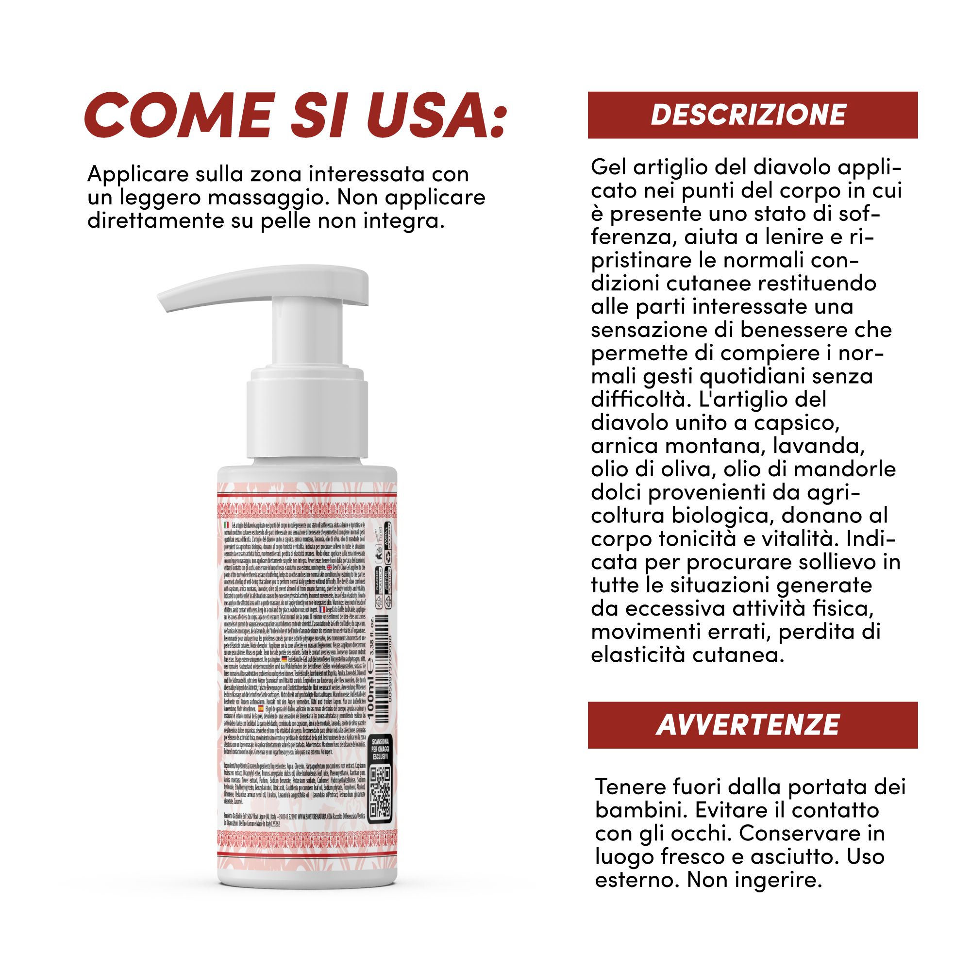 Flacone di gel con dosatore. Testo: Gel Artiglio del Diavolo. Istruzioni per l'uso e avvertenze.