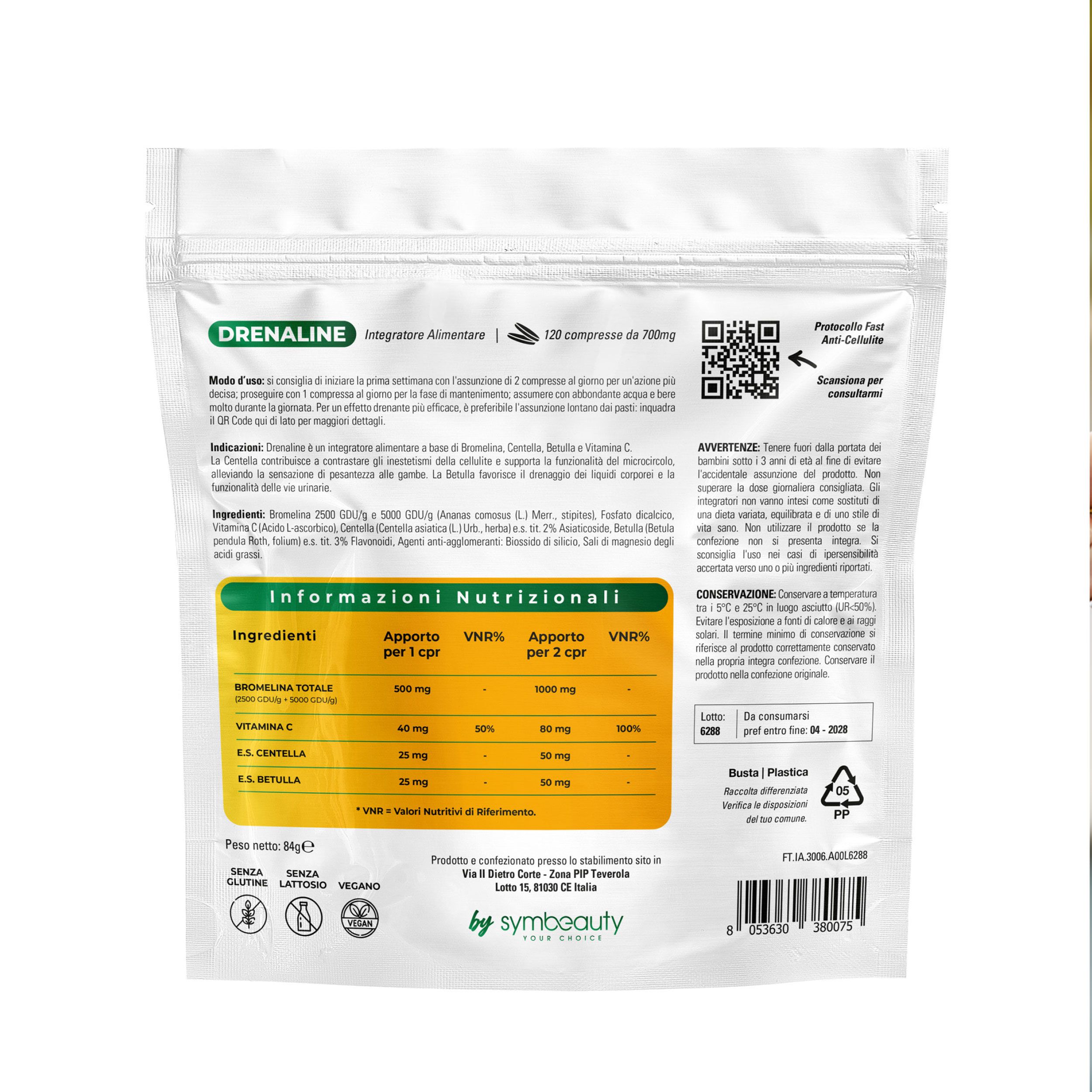 SYMBEAUTY® Bromelina Forte Drenante 2500+5000 GDU GDU con Centella, Betulla e Vitamina C