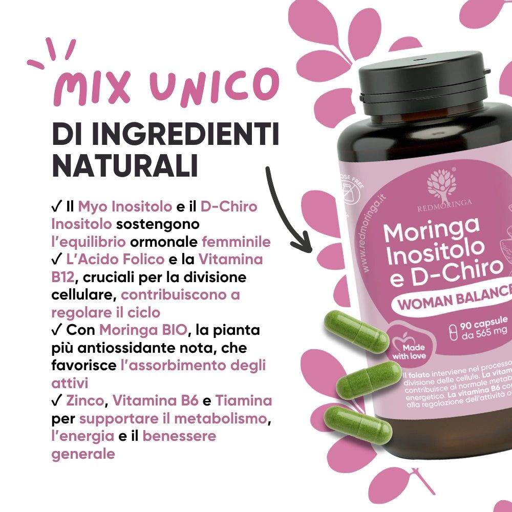 Flacone marrone con capsule verdi. Scritta: RedMoringa, Moringa Inositolo e D-Chiro, Woman Balance. 90 capsule.