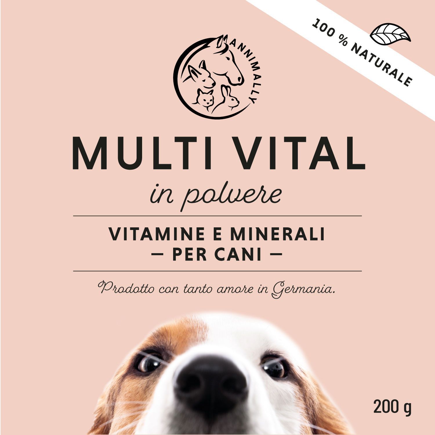 Contenitore di polvere per cani. Scritta: Multi Vital in polvere, Vitamine e Minerali - per cani - 200g.