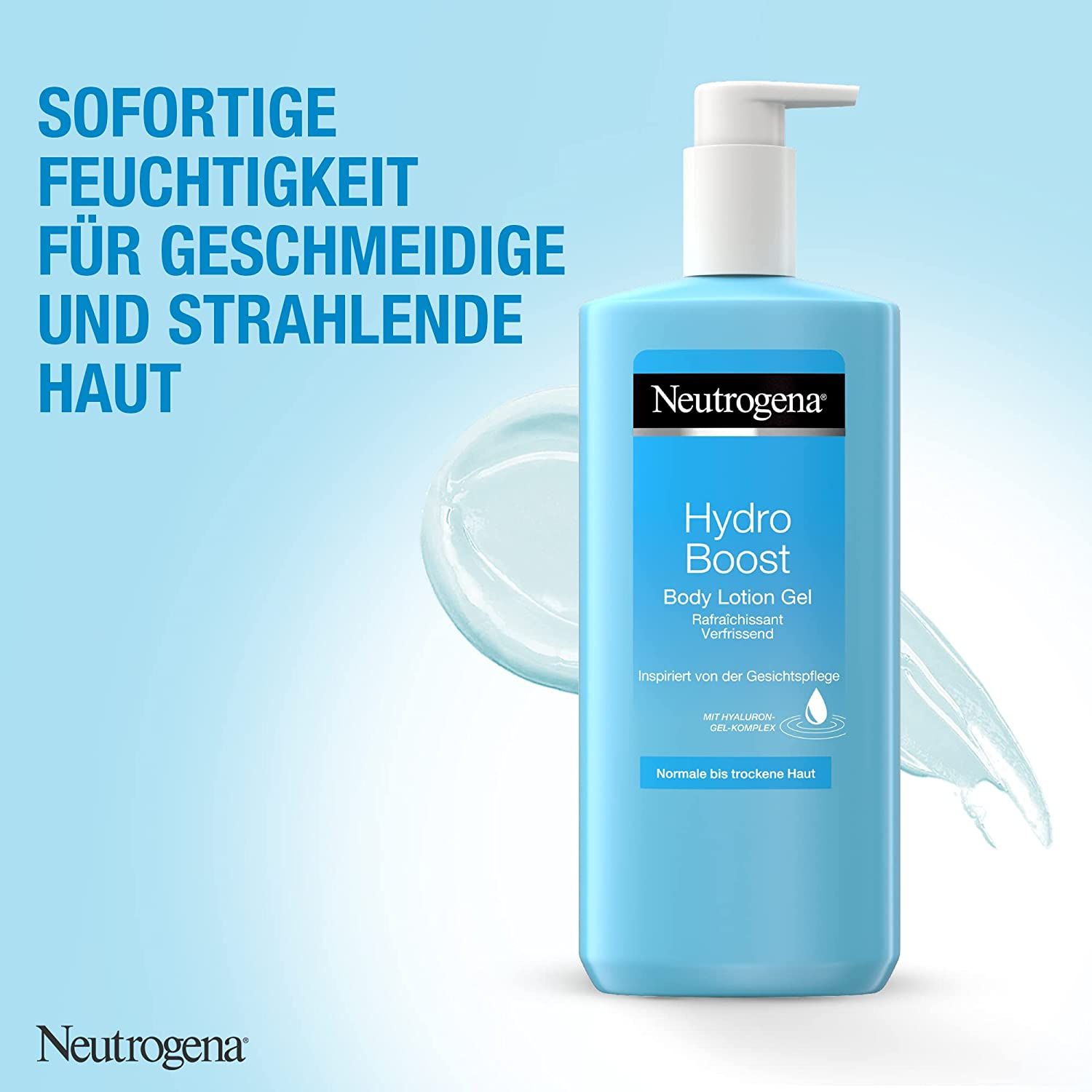 Flacone azzurro Neutrogena Hydro Boost Body Lotion Gel con dosatore. Testo: Idratazione immediata per una pelle liscia e radiosa.