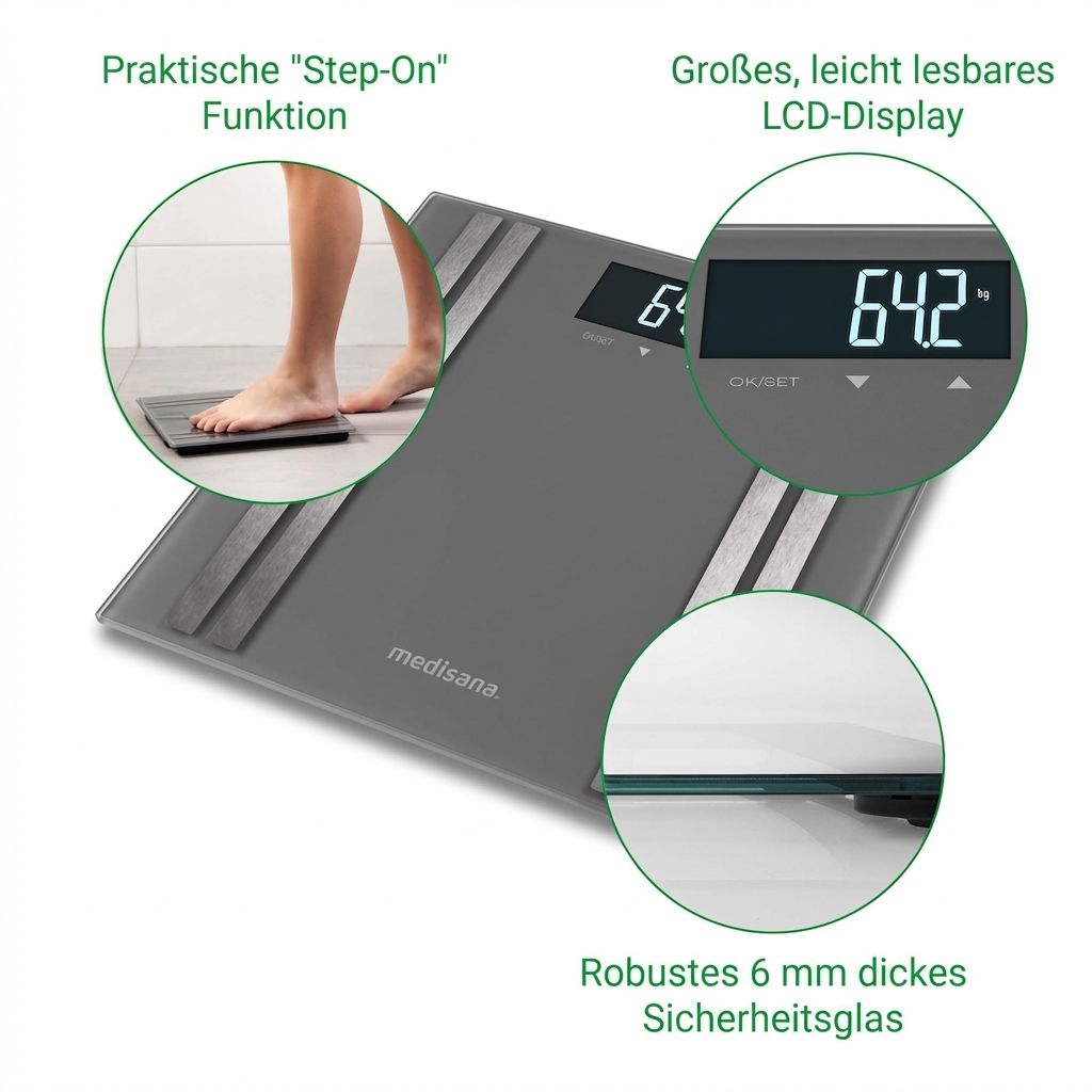 Bilancia grigia in vetro con funzione "Step-On", display LCD e vetro di sicurezza da 6 mm.
