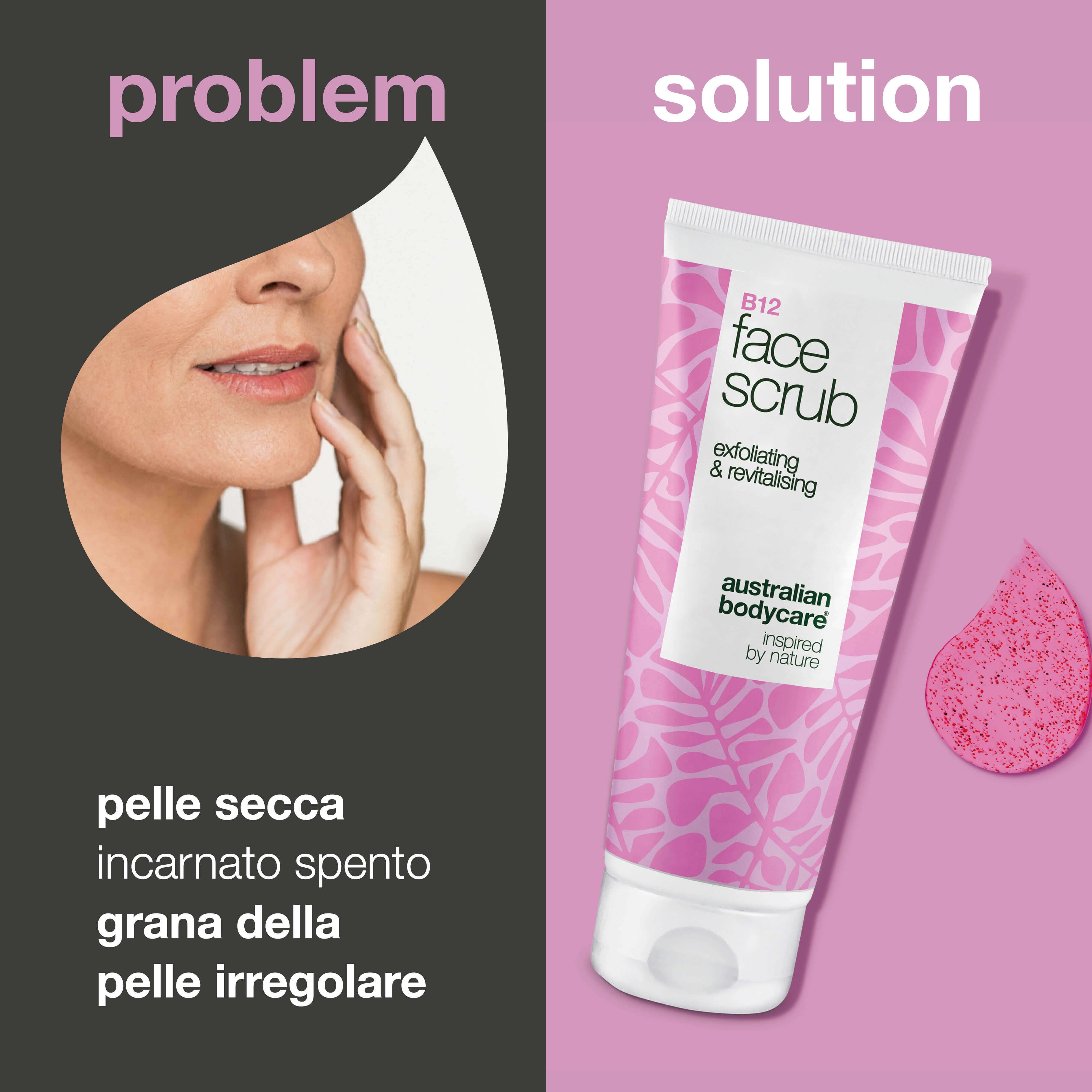 Viso con pelle secca. Accanto, tubo di scrub e spugna.