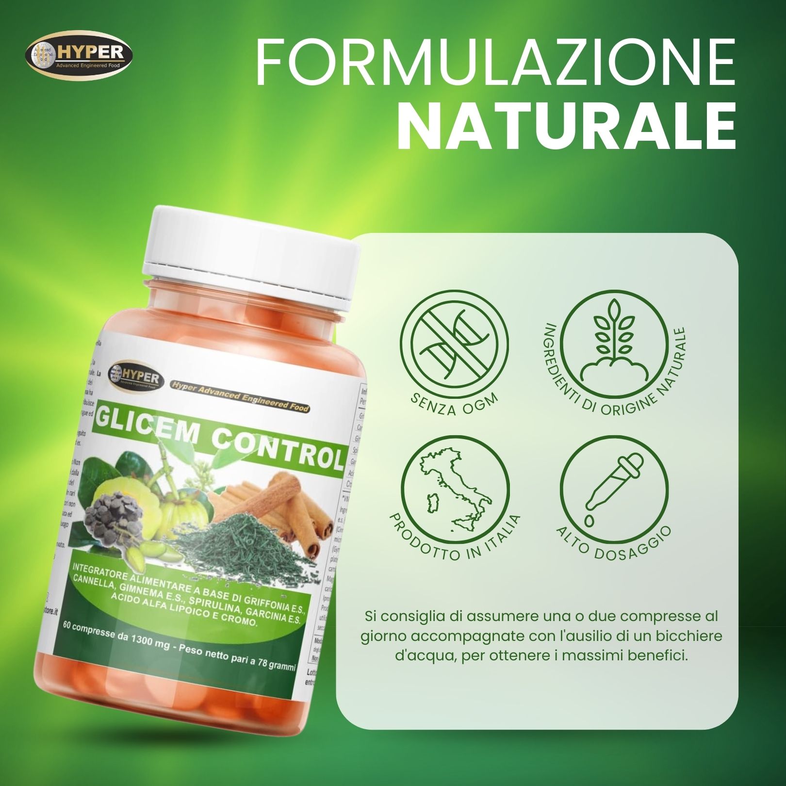 Flacone di prodotto con compresse. Testo: Formulazione naturale. Senza OGM, prodotto in Italia, alto dosaggio. Glicem Control.