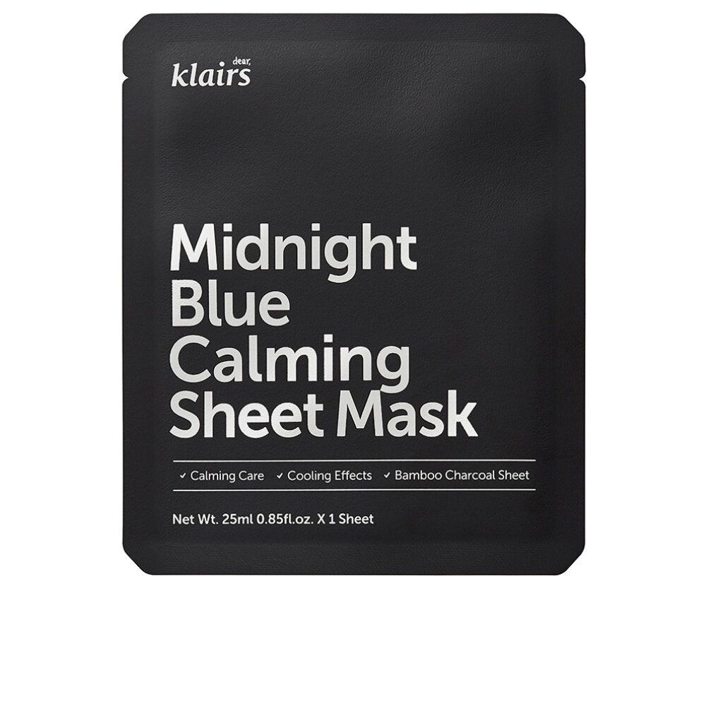 Confezione nera con testo bianco. Contiene "klairs", "Midnight Blue Calming Sheet Mask" e altre informazioni.