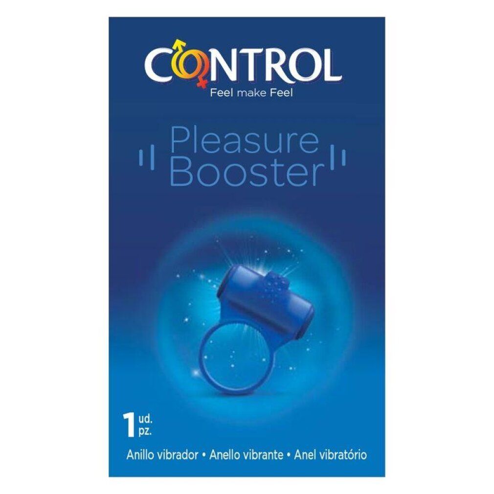 Confezione dell'anello vibrante Control Pleasure Booster. Scatola blu con immagine del prodotto.