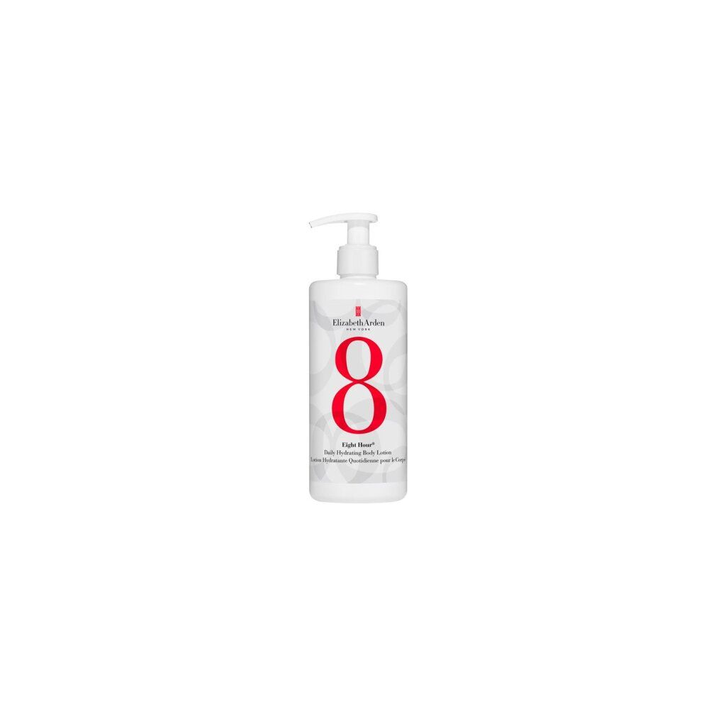 Flacone bianco con dosatore. Grande "8" rosso. Testo: "Elizabeth Arden", "Eight Hour", "Daily Hydrating Body Lotion".