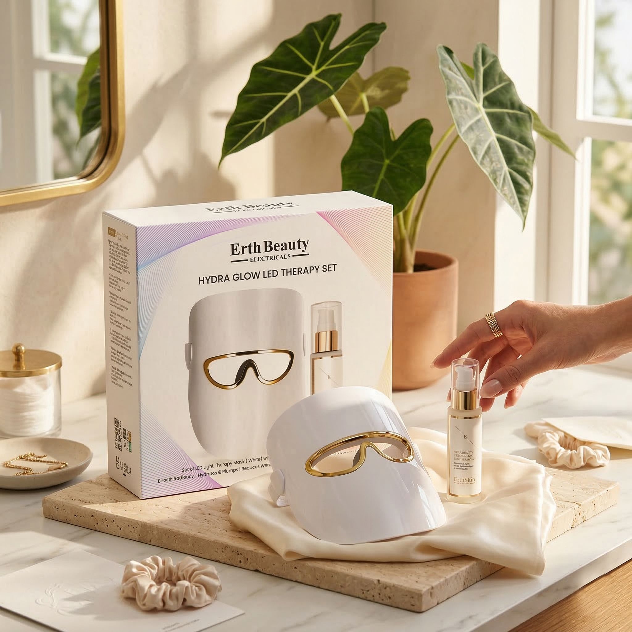 Set Erth Skin London Hydra Glow LED Therapy con maschera viso e sieri, accanto a una pianta su un tavolo.