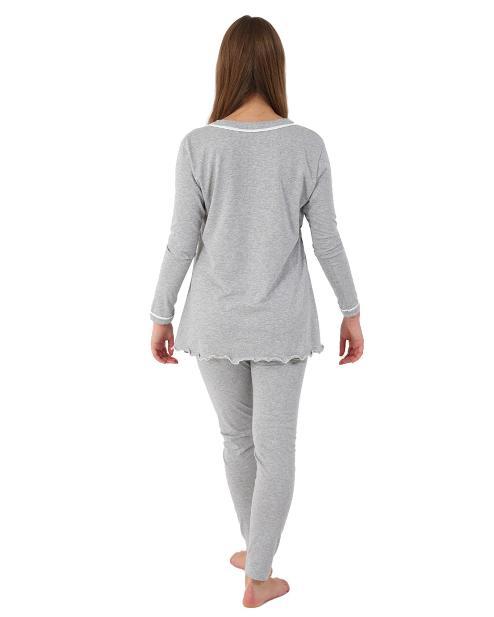 Vista posteriore del pigiama allattamento in cotone grigio mélange. Top maniche lunghe, bordino bianco. Pantaloni lunghi.