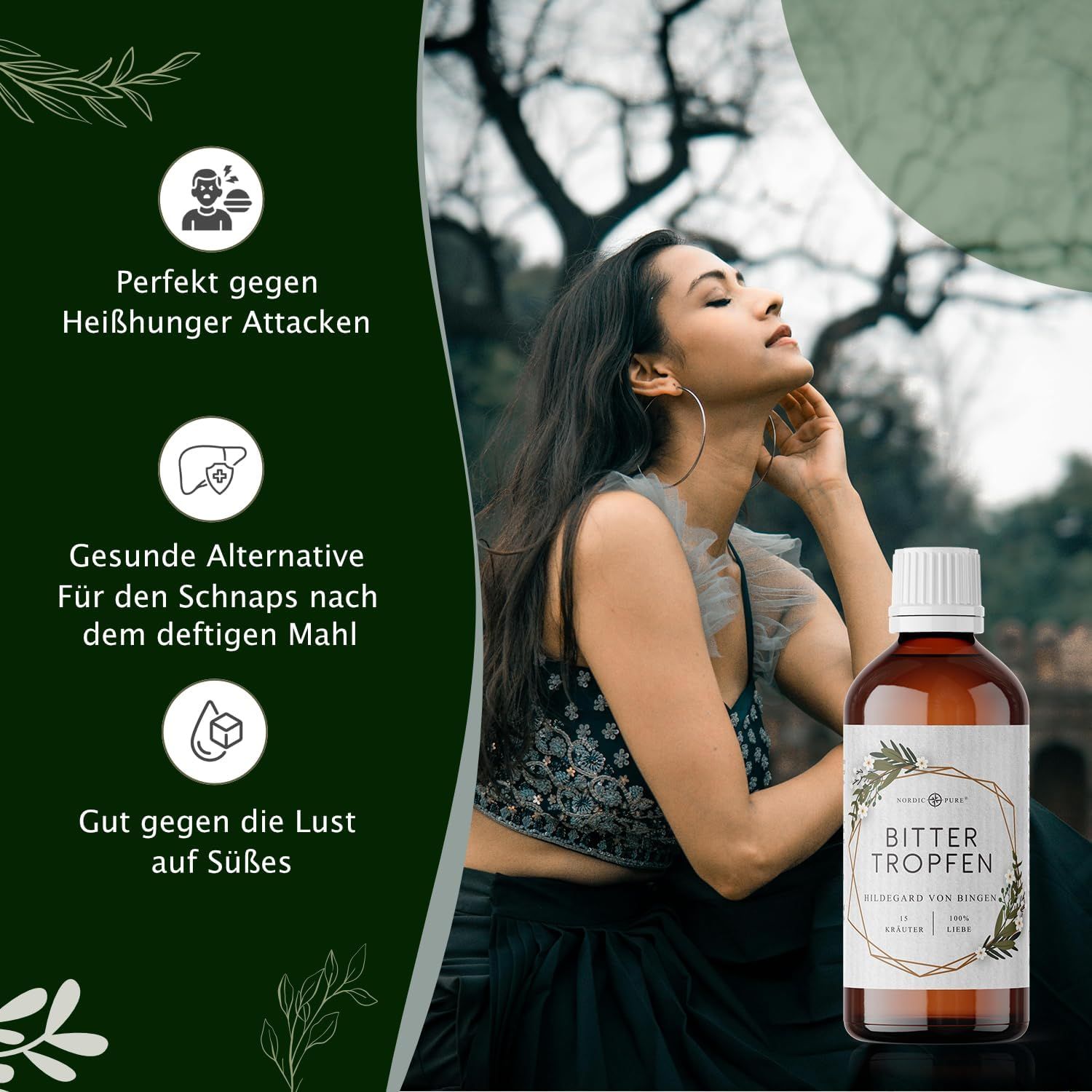 Flacone marrone con tappo bianco. Etichetta con nome del prodotto. Donna seduta rilassata. Testo: Contro le voglie, alternativa sana, buono per i dolci.