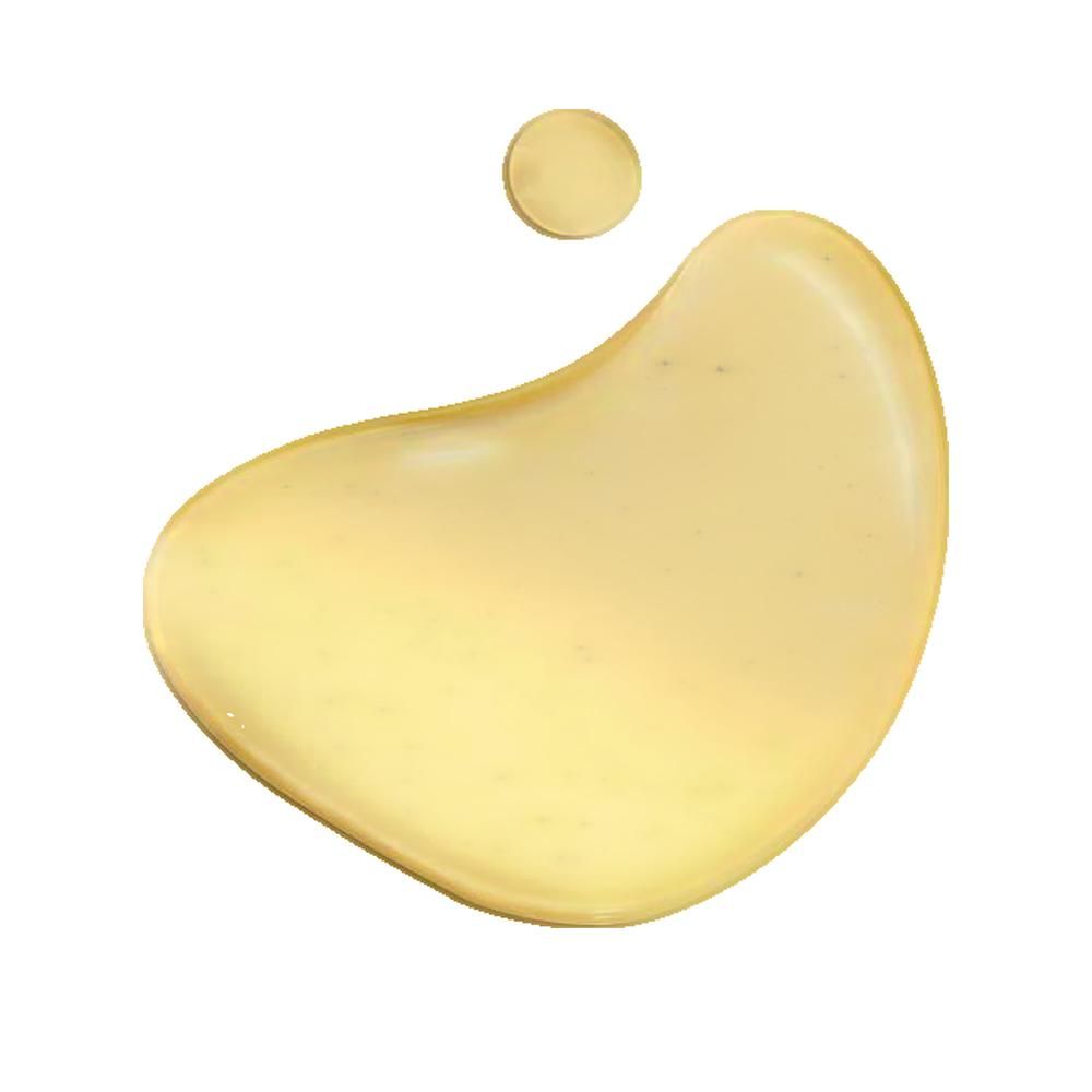 Goccia di liquido giallo a forma di goccia, con una piccola goccia rotonda accanto.