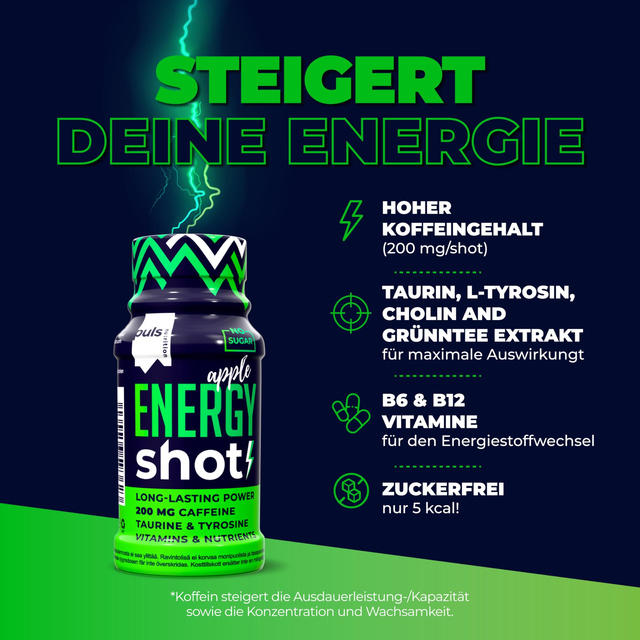 Puls Nutrition Energy Shot Mela: Bottiglia con accenti verdi e neri a zigzag. Contiene caffeina, vitamine e nutrienti.