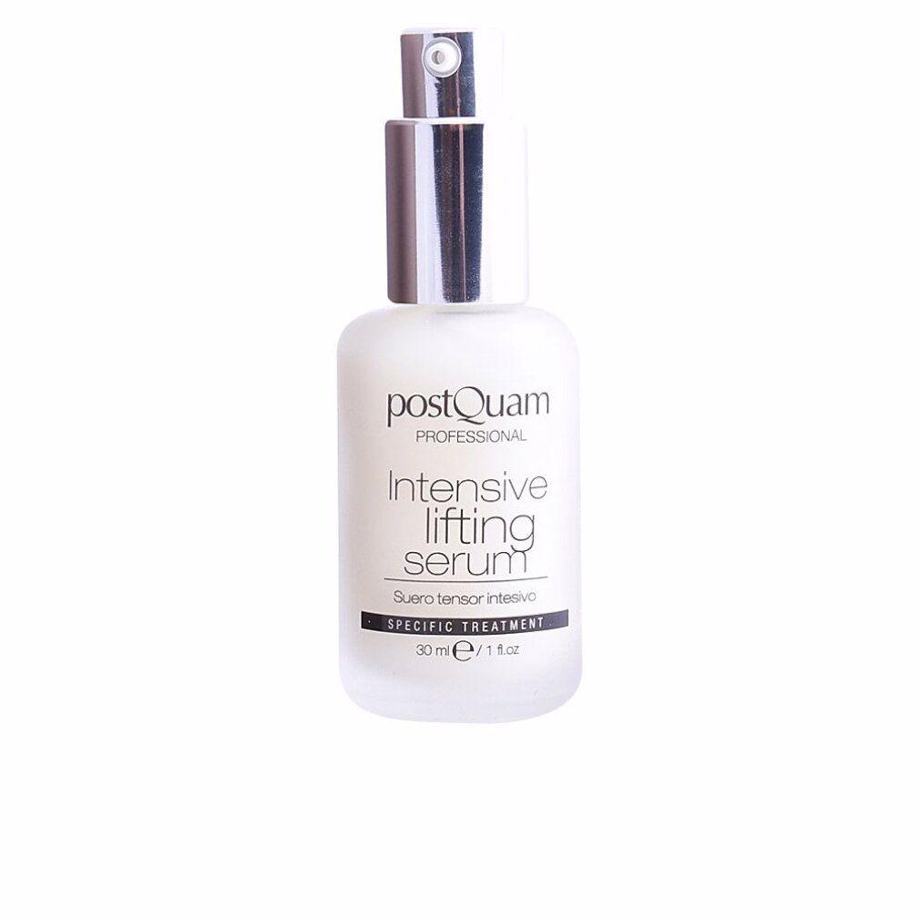 Flacone bianco con vaporizzatore argentato. Scritta: PostQuam, Intensive Lifting Serum, 30 ml.