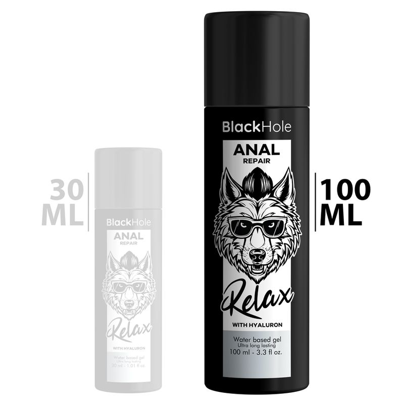 Due flaconi neri. Scritta: Black Hole ANAL REPAIR. 30 ml e 100 ml. Stampa: Lupo con occhiali, Relax.