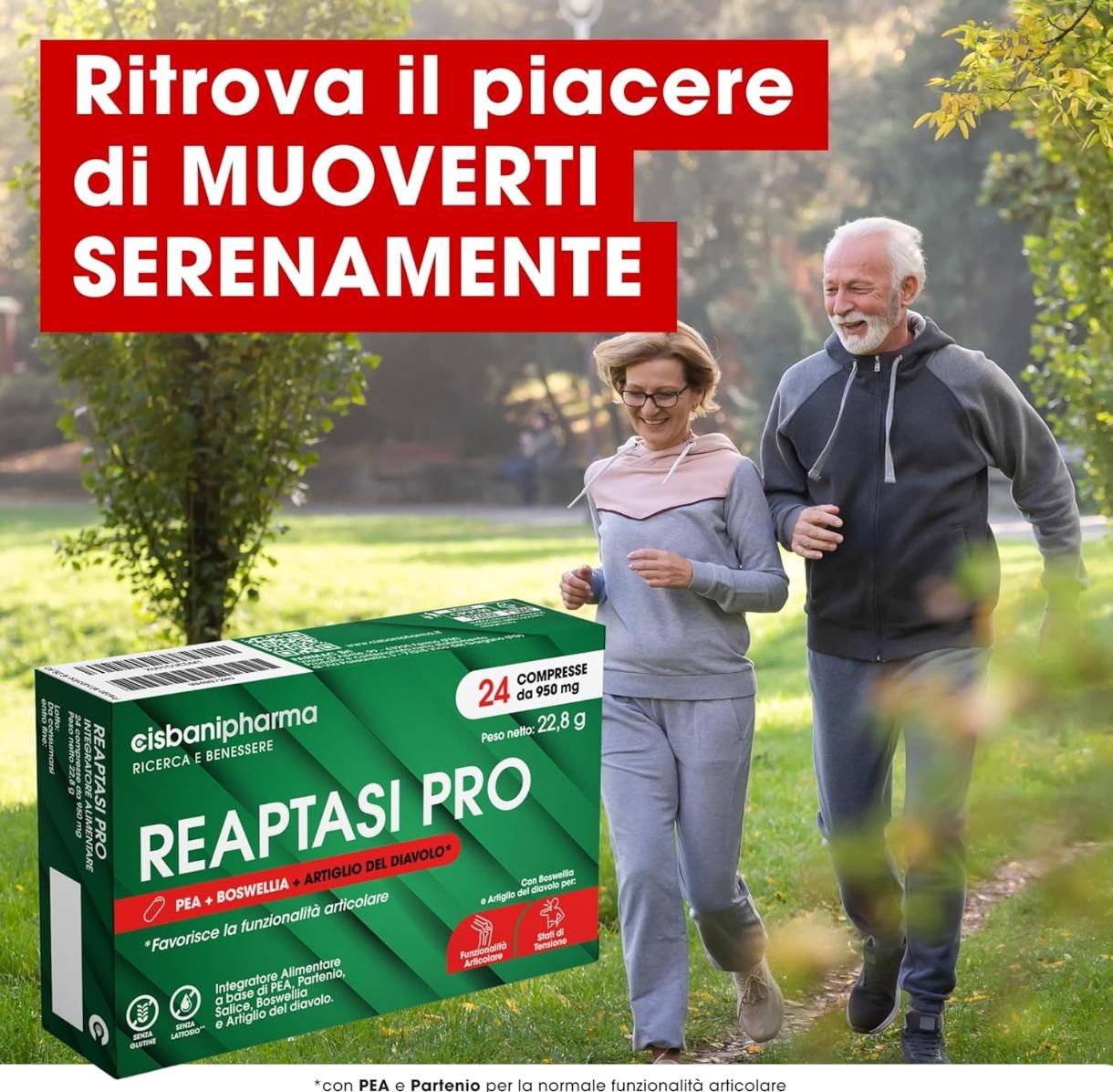 Scatola Reaptasi PRO, 24 compresse. Coppia anziana che fa jogging. Testo rosso: Ritrova il piacere di muoverti serenamente.