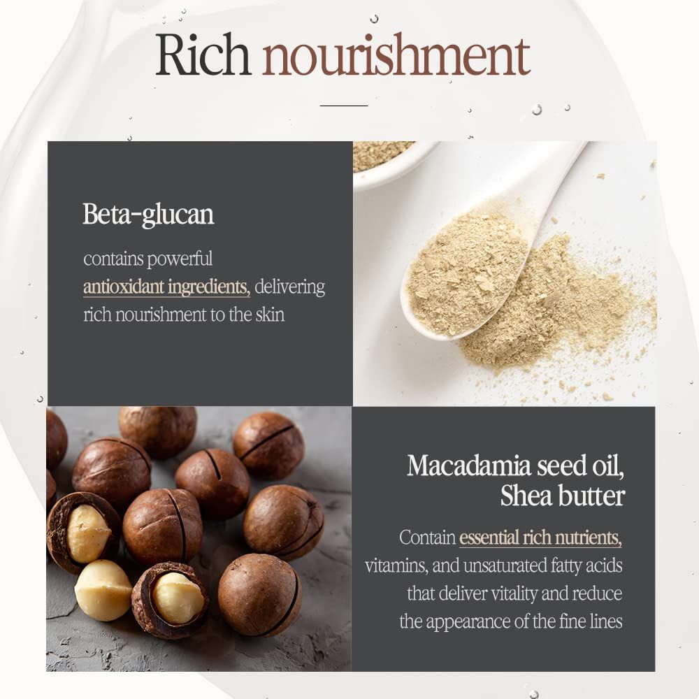 Testo: Il beta-glucano contiene antiossidanti. L'olio di macadamia e il burro di karité nutrono.