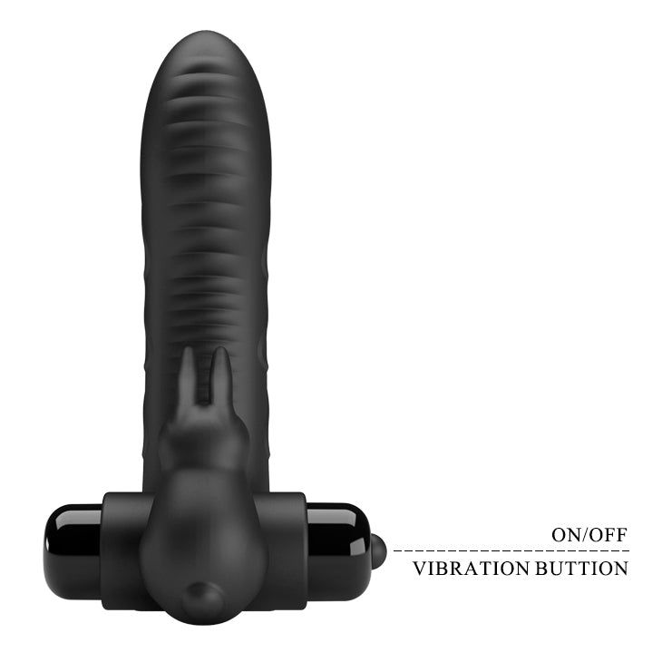 Prodotto benessere nero con design a coniglio. Con scritta 'ON/OFF' e 'VIBRATION BUTTION'.