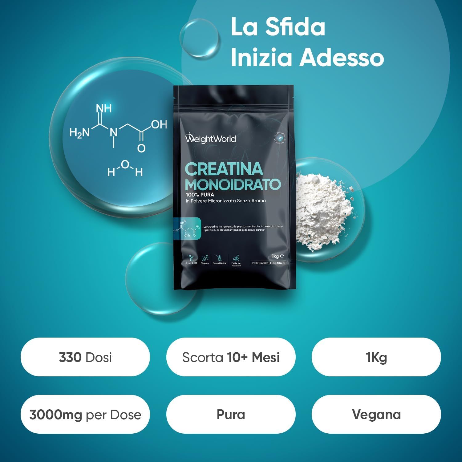 Busta nera con polvere bianca. Testo: Creatina Monoidrato. 330 dosi, scorta 10+ mesi, 1kg, 3000mg per dose.